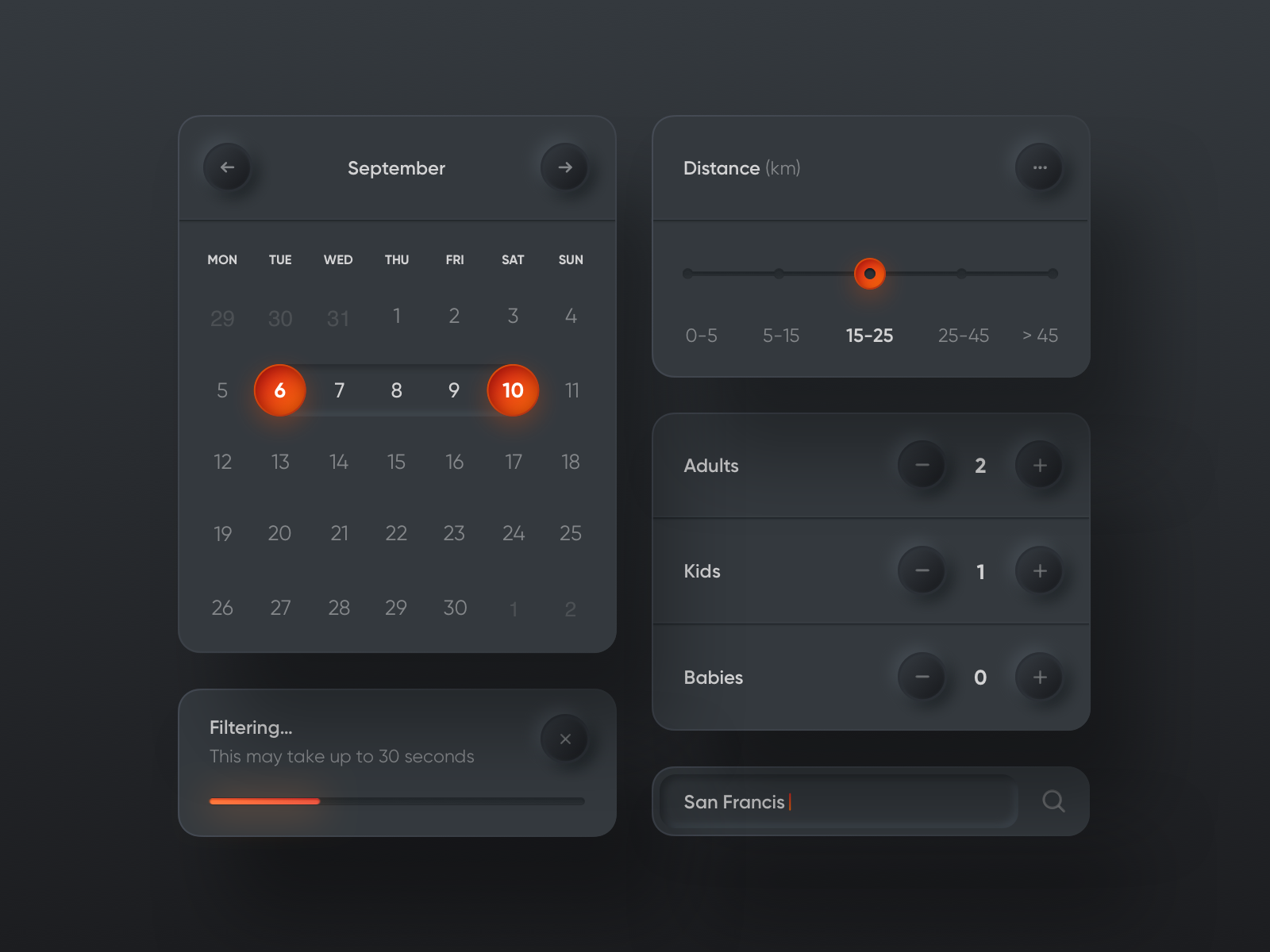 Interface de aplicativo com calendário, filtro de distância e seleção de usuários em estilo neumorphism